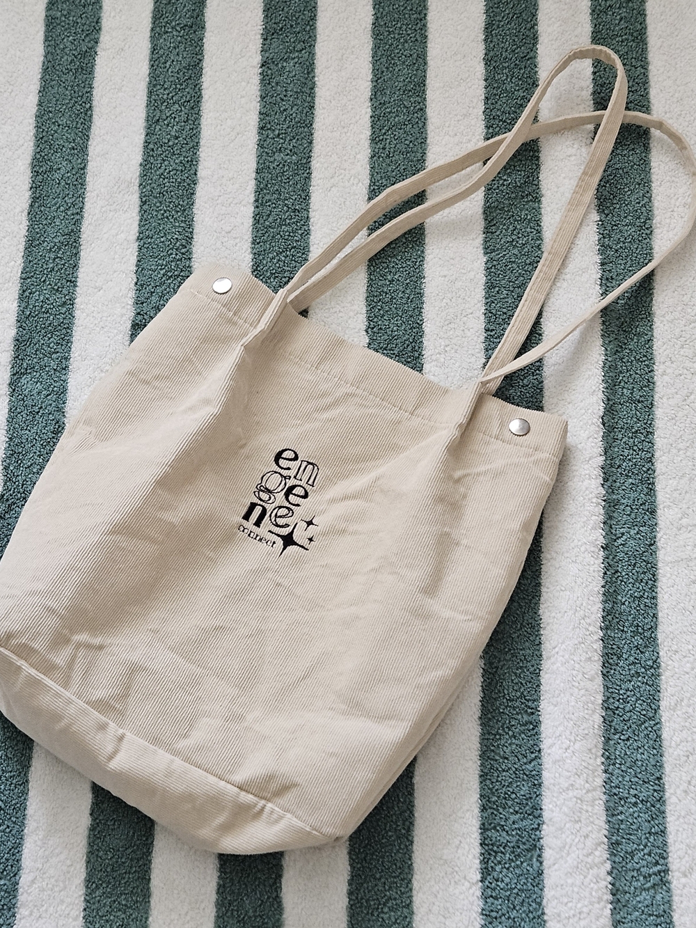 Engene Kpop Merch Beige Canvas Tote Bag with Black Graphic Print